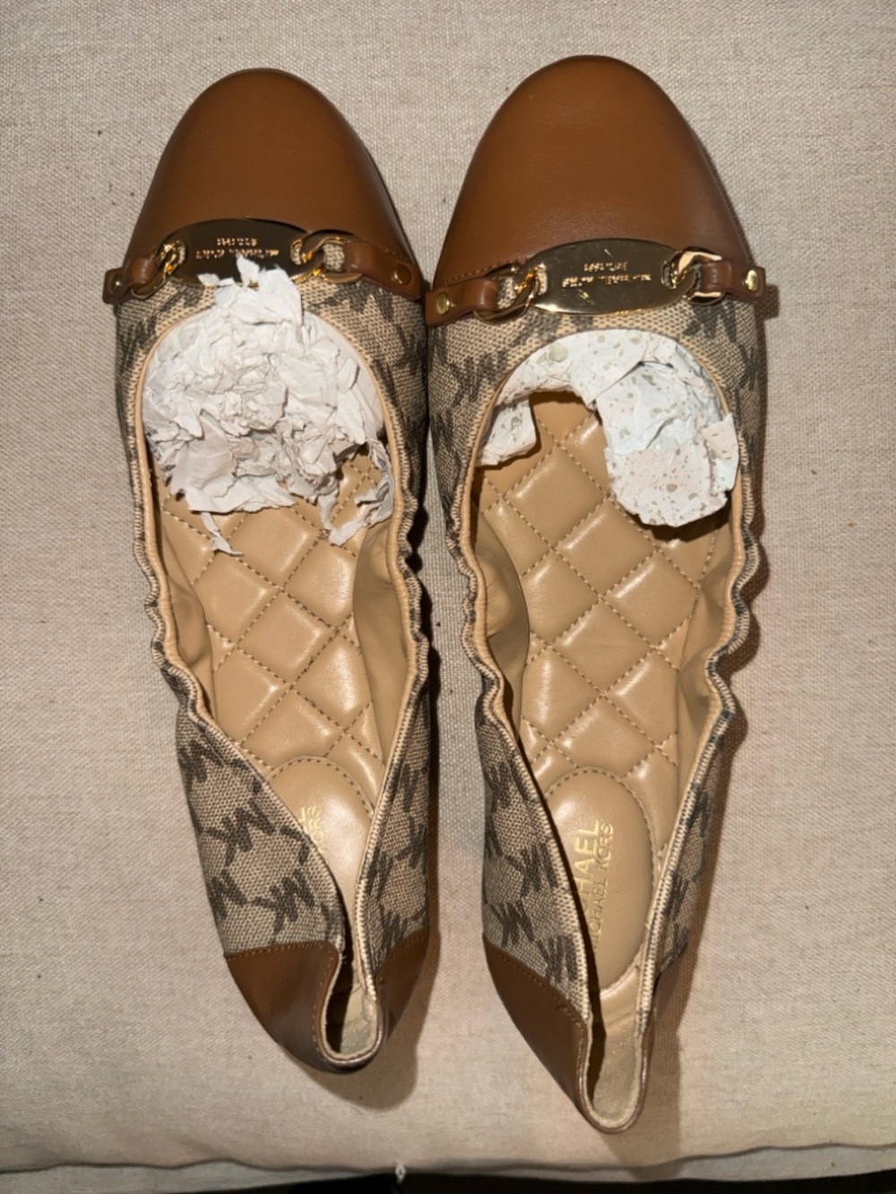 Michael Kors Brown and Tan Logo Leather Ballet Flats